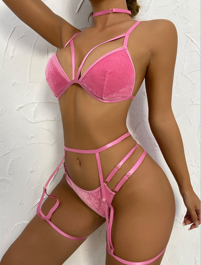 Nightclubs Women Lace See Through Sexy Underwear Four Piece Set