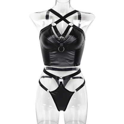 Costume sexy en simili cuir, coupe cintrée, dos croisé, costume deux pièces sexy