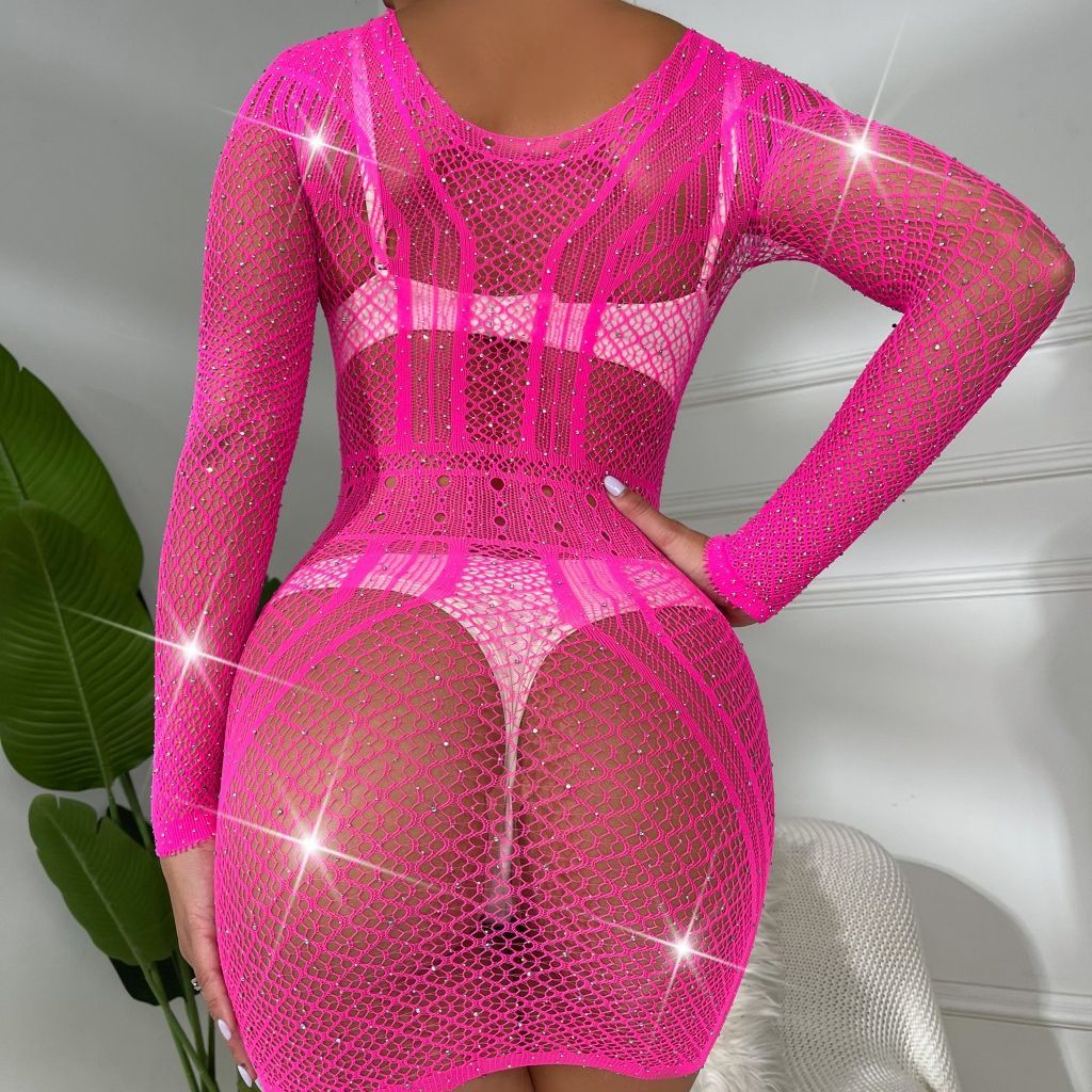 Long Sleeve Shiny Rhinestone Hip One Piece Erotic Netting Wear