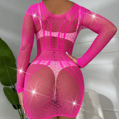 Long Sleeve Shiny Rhinestone Hip One Piece Erotic Netting Wear