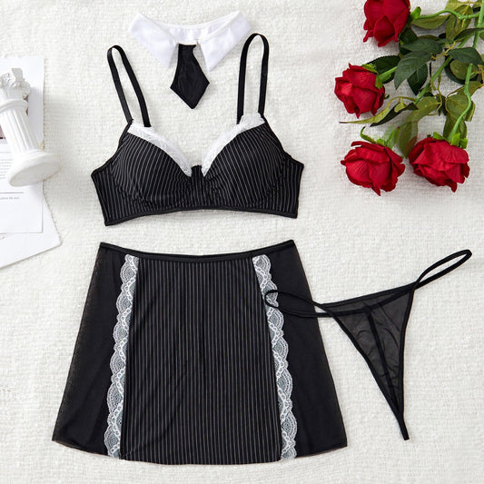 Striped Spaghetti Straps Bra Women Professional Uniform Small Necktie A line Skirt Role Play Sexy Sets
