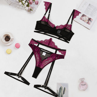 Sexy Lingerie Set Lace Stitching Mesh Contrast Color Sexy Four Piece Set Women