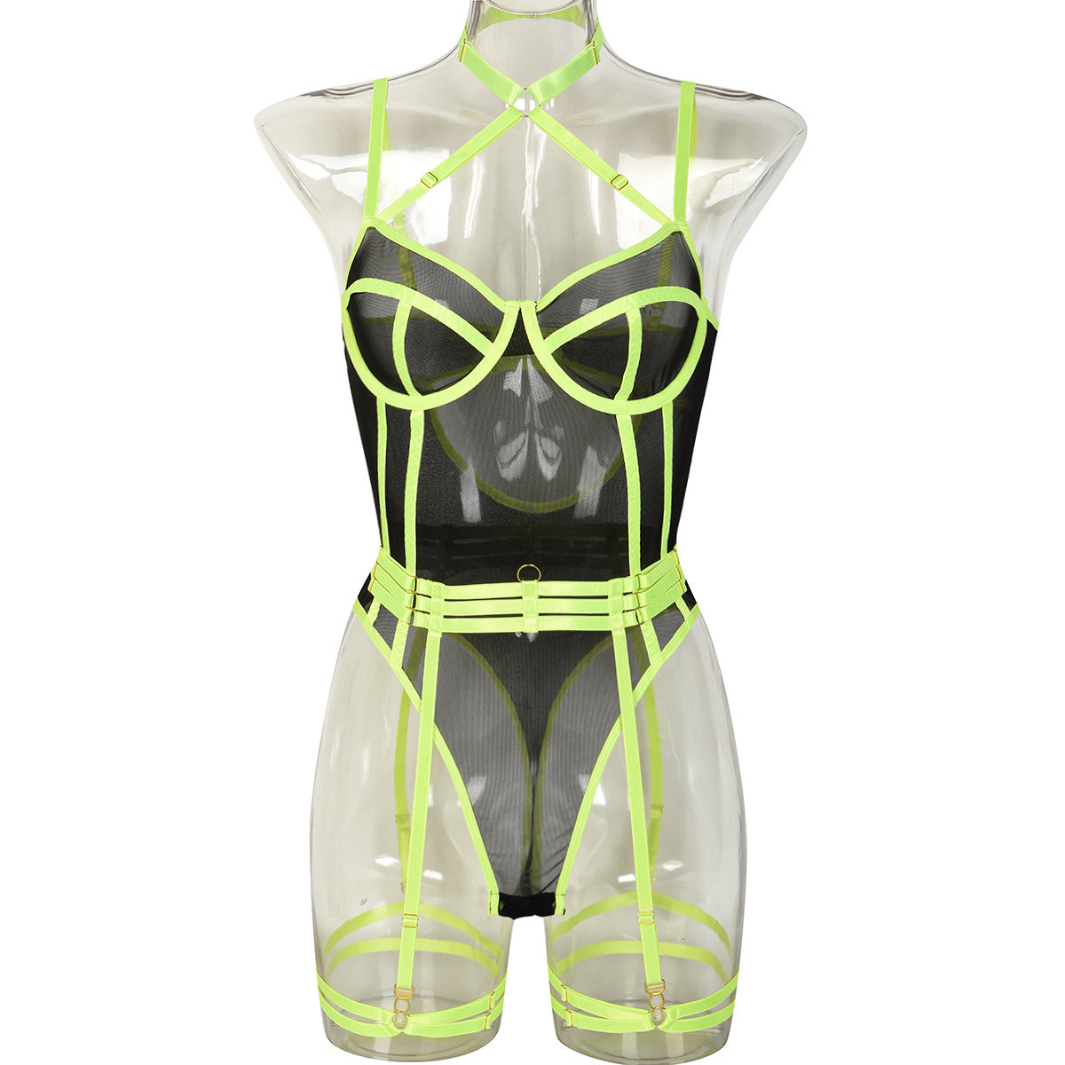 High Elastic Mesh Tight Perspective Sexy Lingerie Halter Contrast Color Jumpsuit Complex Two Piece Set