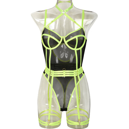 High Elastic Mesh Tight Perspective Sexy Lingerie Halter Contrast Color Jumpsuit Complex Two Piece Set