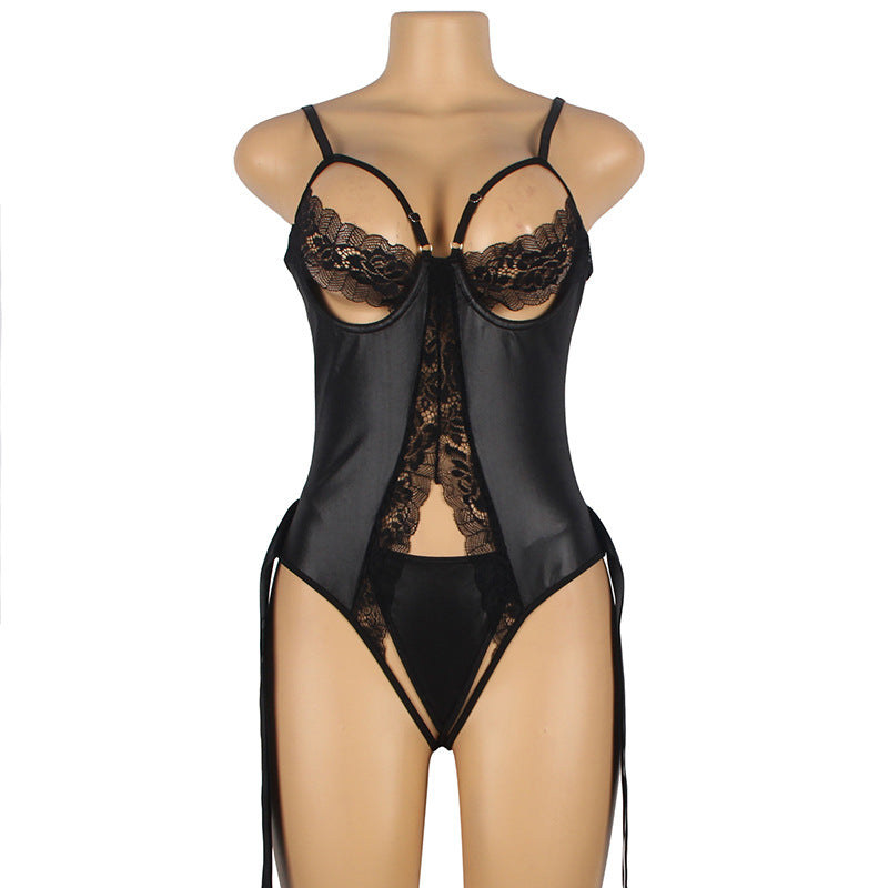 plus Size Underwear Lace Sleeveless Jumpsuit Sexy Black Leather Bra Set