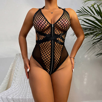Sexy Jumpsuit Summer Coarse Mesh Zipper Heavy Craft Halter Women Underwear Jumpsuit