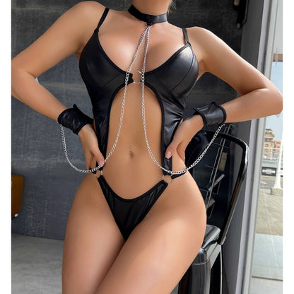 Supply Sexy Faux Leather Cropped Body Shaping Corsets with Bracelet Sexy Lingerie Sets