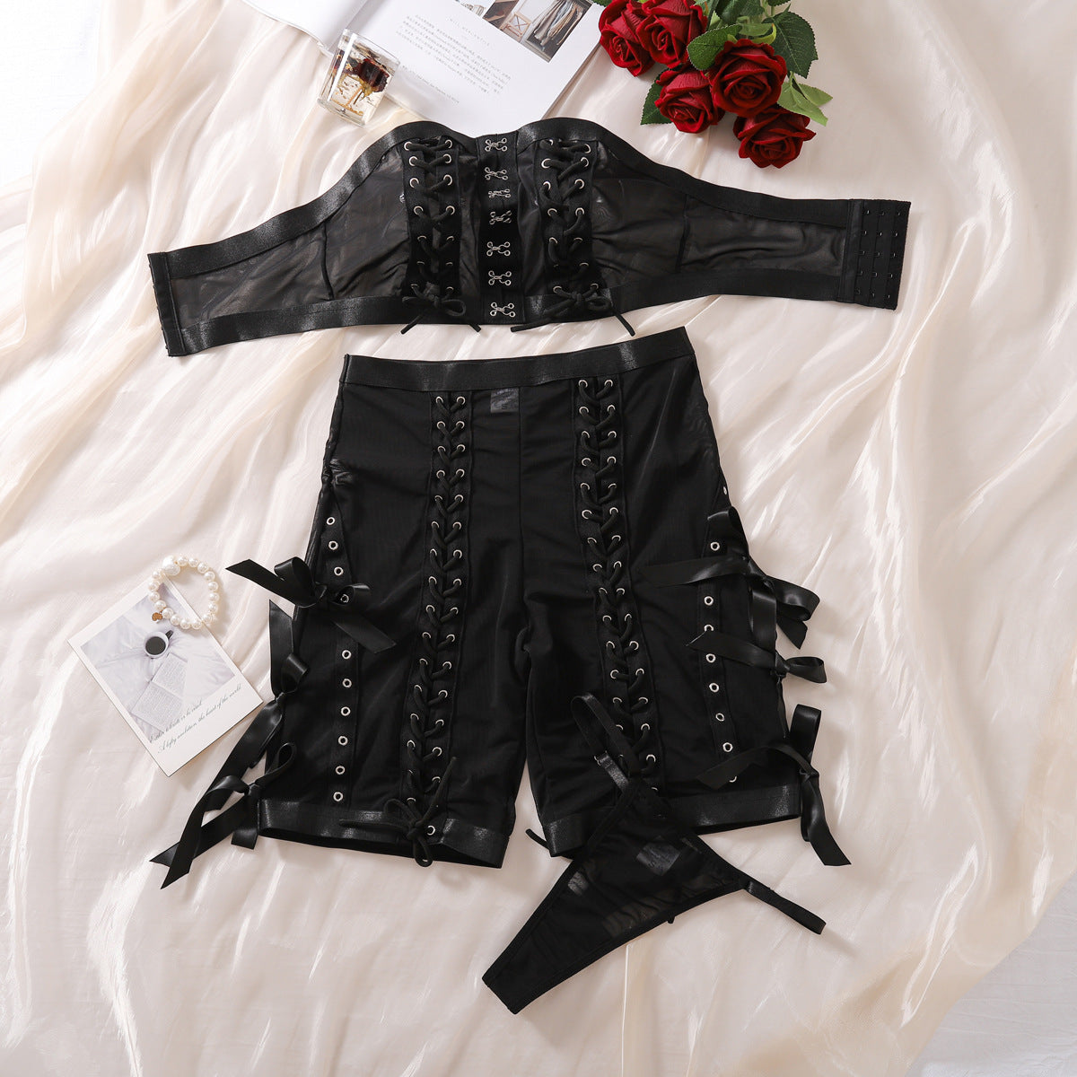 Sexy Tight Fishnet Clothes Lace up Transparent Comfortable Sexy Lingerie Shorts Three Piece Set
