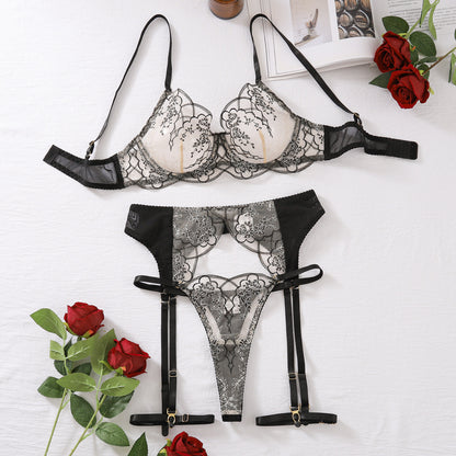 Summer Steel Ring Push up Bra Set Mesh Stitching Embroidery Lace Sexy Underwear Four Piece Set