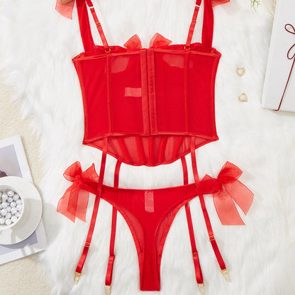 Sexy Underwear Lace See Through Temptation Corset T Back Two Piece Suit