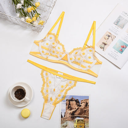 Lace Floral Border Mesh Three-Point Bra Sexy Lingerie