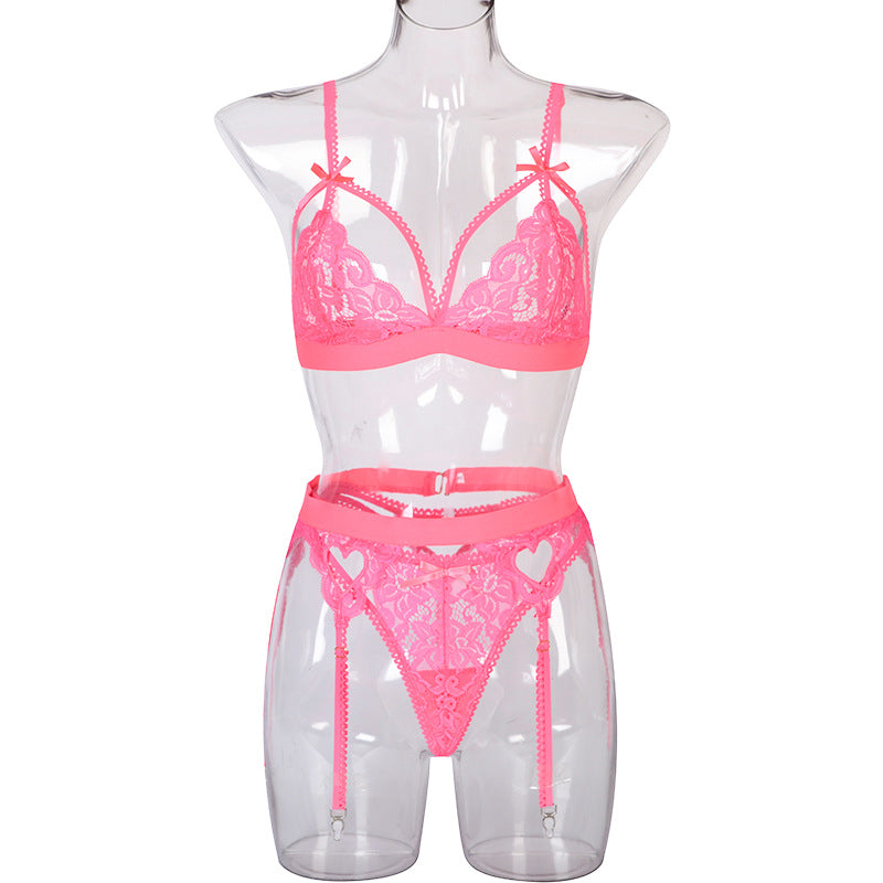 Lace Stitching Underwear Bow Criss Cross Garter Three Piece Set Female