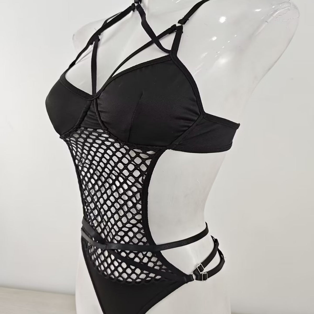 Sexy Large Mesh Hollow Out Cutout Cross Ribbon Stitching Sexy Lingerie Set