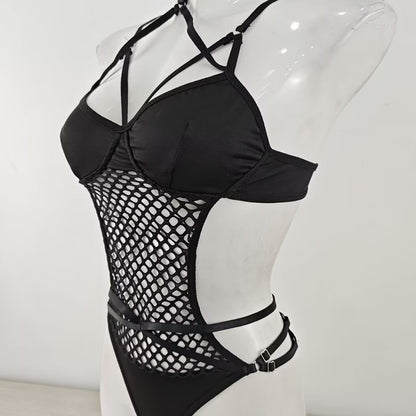 Sexy Large Mesh Hollow Out Cutout Cross Ribbon Stitching Sexy Lingerie Set