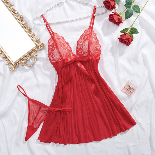 Sous-vêtements sexy en dentelle transparente, chemise de nuit de séduction, dos en T, costume deux pièces