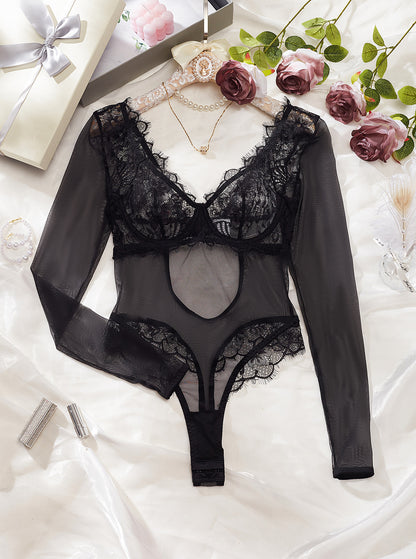 Combinaison en dentelle pour femmes, couture en maille, Sexy, transparente, dos nu, confortable, entrejambe ouvert