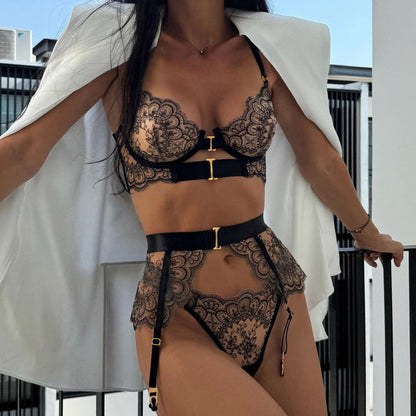 Embroidery High Quality Heavy Industry Sexy Lingerie Embroidery Eyelash Lace See-through Sexy Three Piece Set