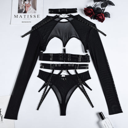 Conjunto sexy de tres piezas en ropa interior sexy para club nocturno con cintura halter y correa compleja