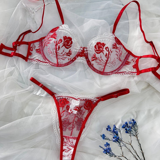 Women Lingerie Multi Color Sexy Embroidery Sheer Cutout Underwear Suit