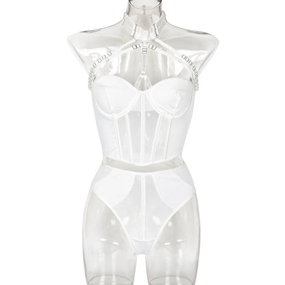 Sexy Suit Mesh Strap Stitching Complex Heavy Craft Metal Halter