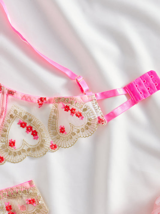 Sexy Lingerie Cute Contrast Color Embroidery See Through Sexy Garter Leg Circle Four Piece Set