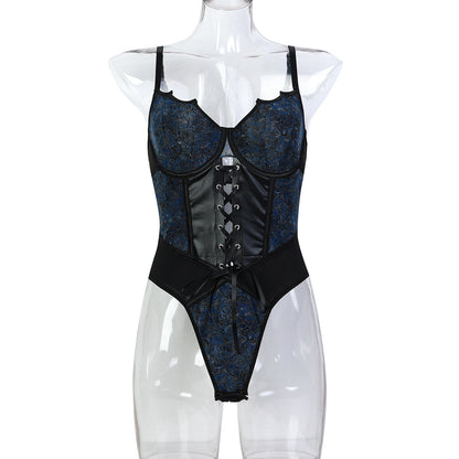 Retro Printed Mesh Cloth Faux Leather Cross Strap Bow Tight Jumpsuit Irregular Asymmetric Spaghetti Strap