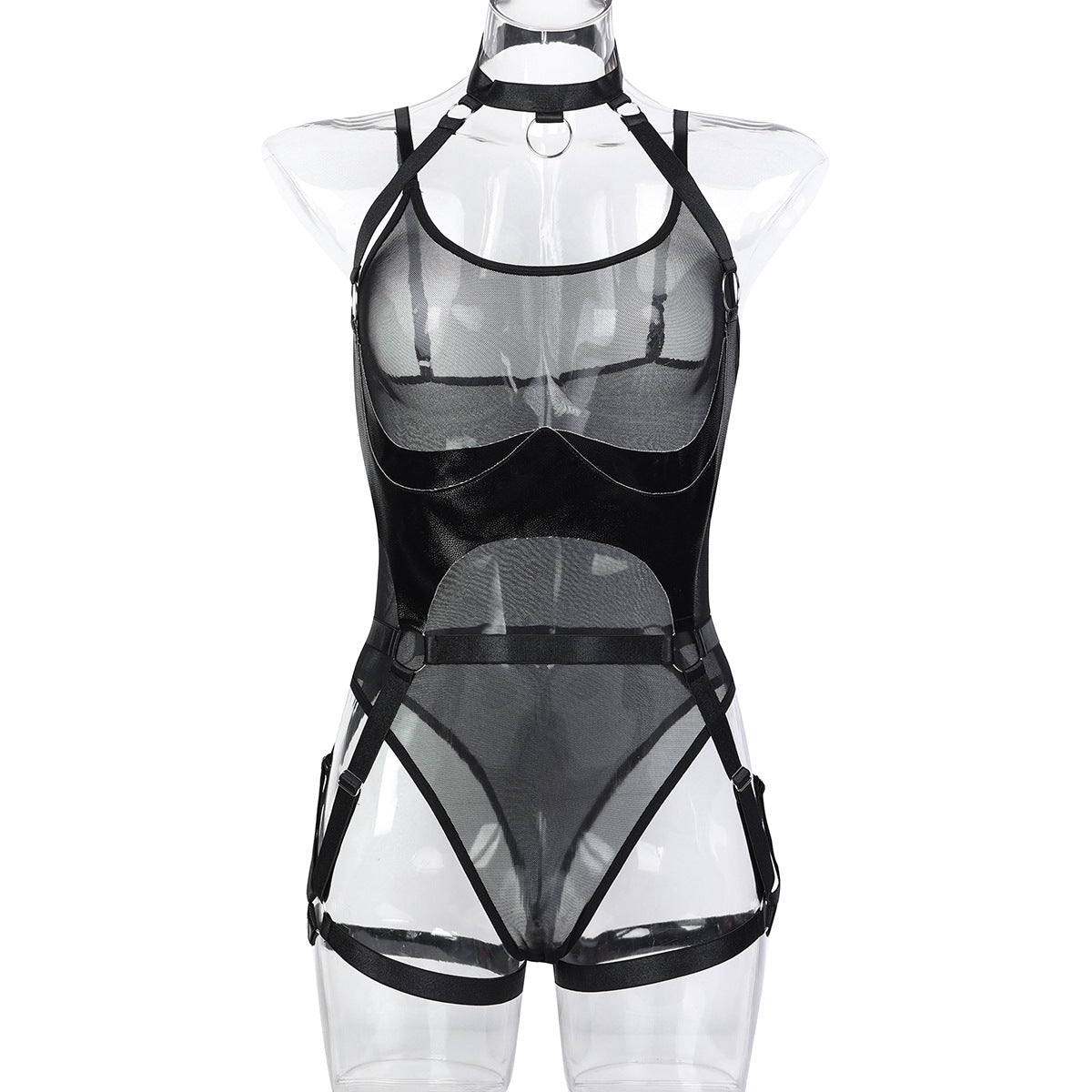 Leather Cutting Heavy Industry Stitching See through Fishnet Clothes Halter Black Two Piece Set Detachable