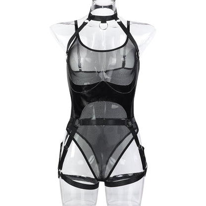 Leather Cutting Heavy Industry Stitching See through Fishnet Clothes Halter Black Two Piece Set Detachable