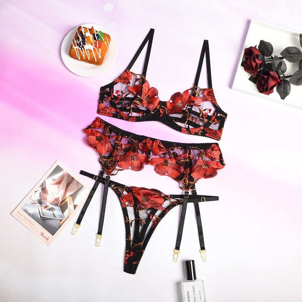Sexy Underwear Valentine Day Year Export Red Embroidery Floral Three-Piece