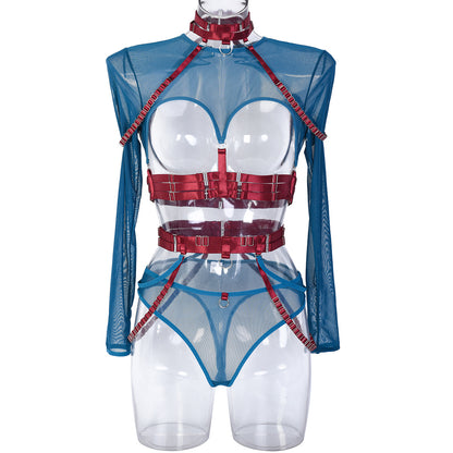 Conjunto sexy de tres piezas en ropa interior sexy para club nocturno con cintura halter y correa compleja