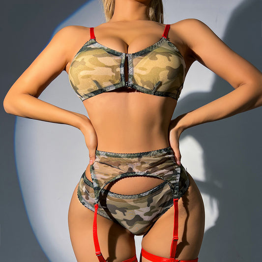Sexy Camouflage Mesh Garter Three Piece Set With Leg Ring Sexy Lingerie Suit