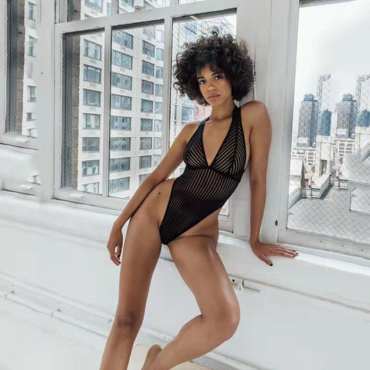 Mono sexy de retazos de malla transparente sin espalda a rayas para mujer