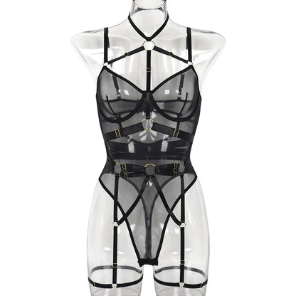 Leopard Print Sheer Mesh Strap Sexy Lingerie with Steel Ring Sexy Bodybuilding Jumpsuit