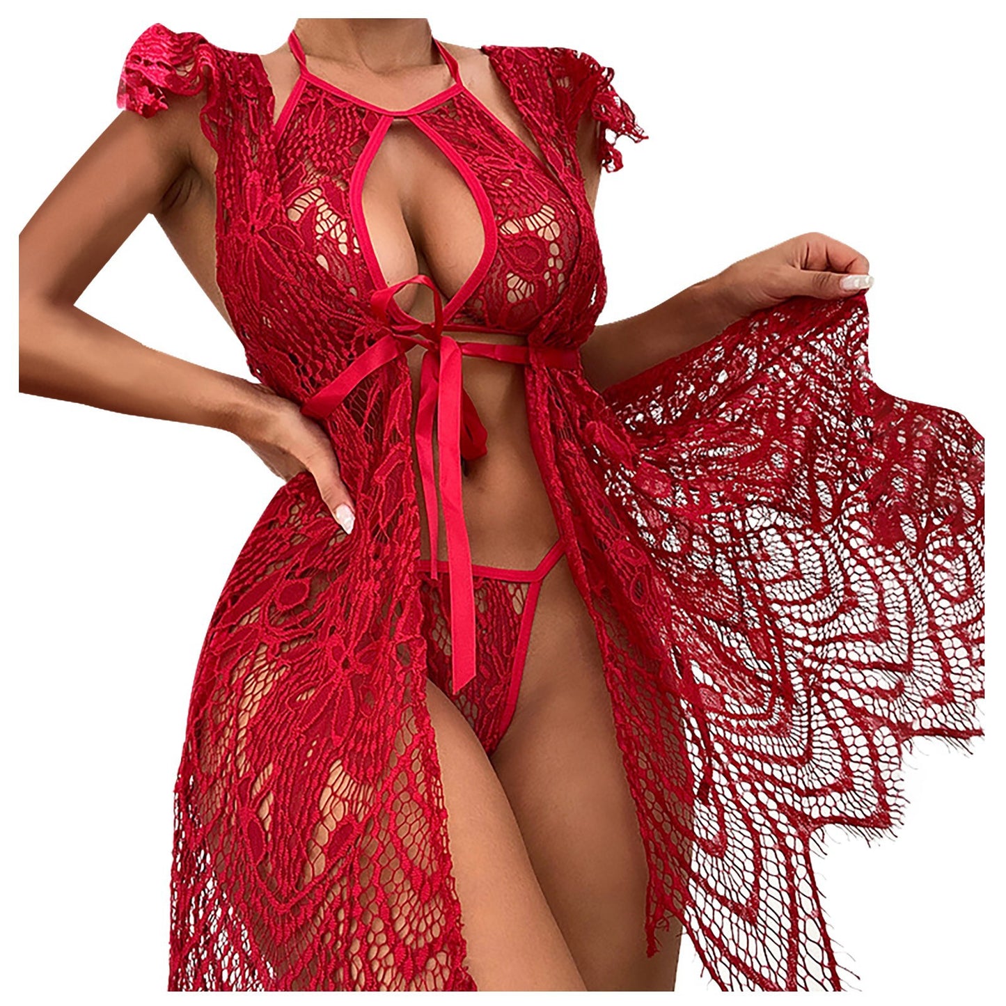 Women Sexy Red Mesh Lace Sexy Suit June