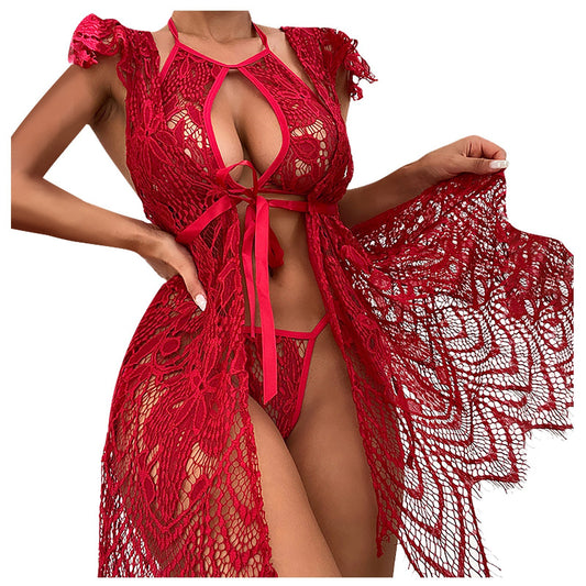 Women Sexy Red Mesh Lace Sexy Suit June
