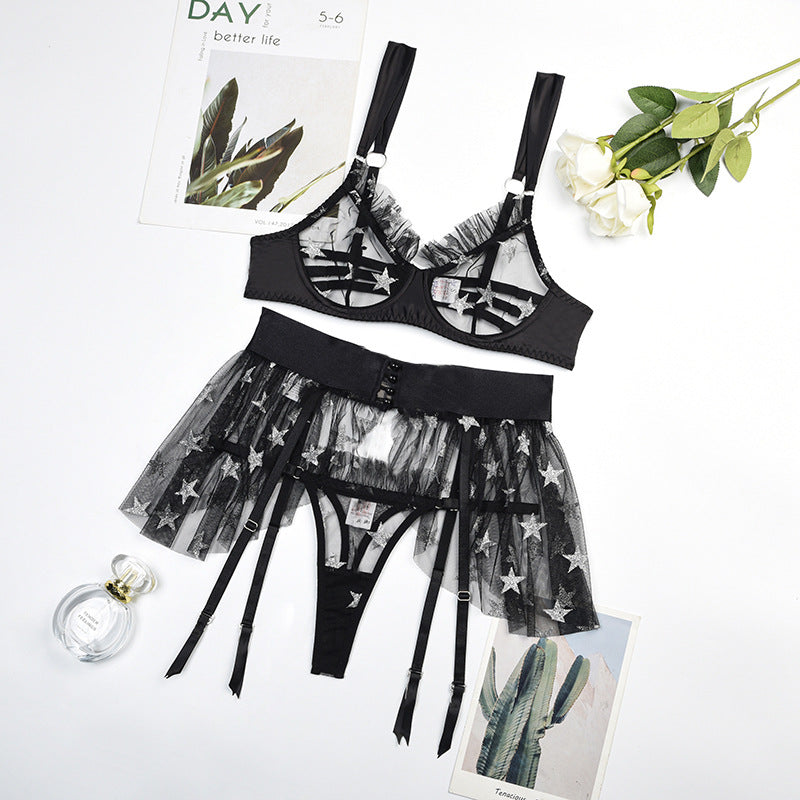 Sexy Lingerie Set Printed Sheer Mesh Sexy Lingerie Three Piece Set