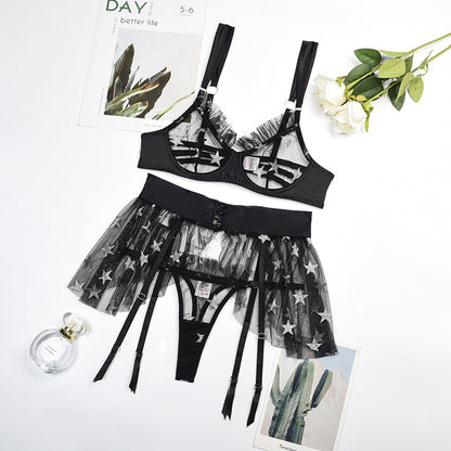 Sexy Lingerie Set Printed Sheer Mesh Sexy Lingerie Three Piece Set