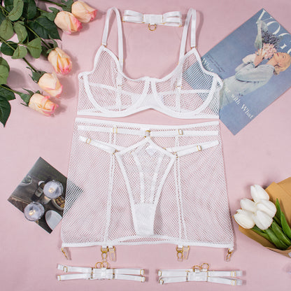 Lingerie Sexy Underwear Women Clothing Grid Transparent Temptation Uniform Five Piece Set
