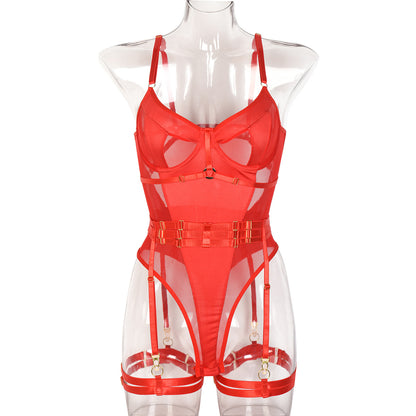 Mono ajustado Popular para mujer, cinturón complejo artesanal, ropa interior de alta gama de Metal pesado, conjunto de tres piezas, alas no incluidas
