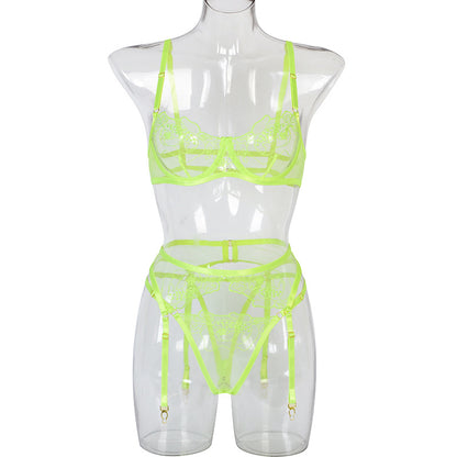Sexy Lingerie Three-Piece Summer Three-Point See-Through Embroidery Mesh Stitching Suit
