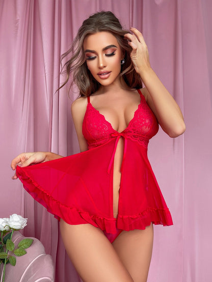 See Through Sexy Underwear Mesh Bow Lace Seduction Pajamas