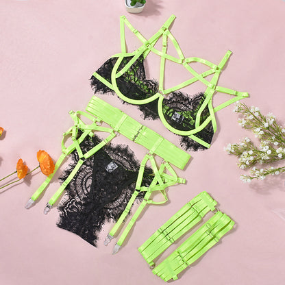Lingerie Lace Contrast Color Complex Heavy Craft Interwoven Sexy Uniform Four Piece Set with Steel Ring