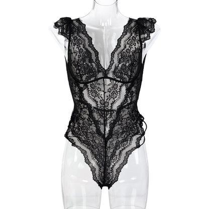 Women Clothes Mysterious Black Lace Deep V Plunge Sexy Hip Tied Jumpsuit