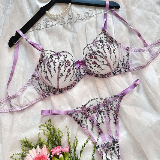 High End Floral Exquisite Underwear Embroidered Transparent Mesh Temptation Women Lingerie Suit