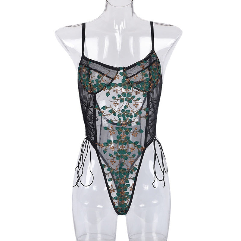Sexy Lingerie Sexy Lace Mesh See through Embroidery Tied Jumpsuit