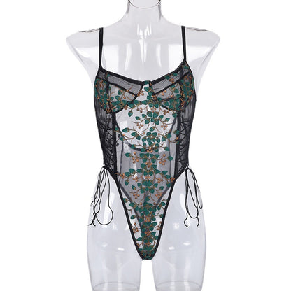 Sexy Lingerie Sexy Lace Mesh See through Embroidery Tied Jumpsuit
