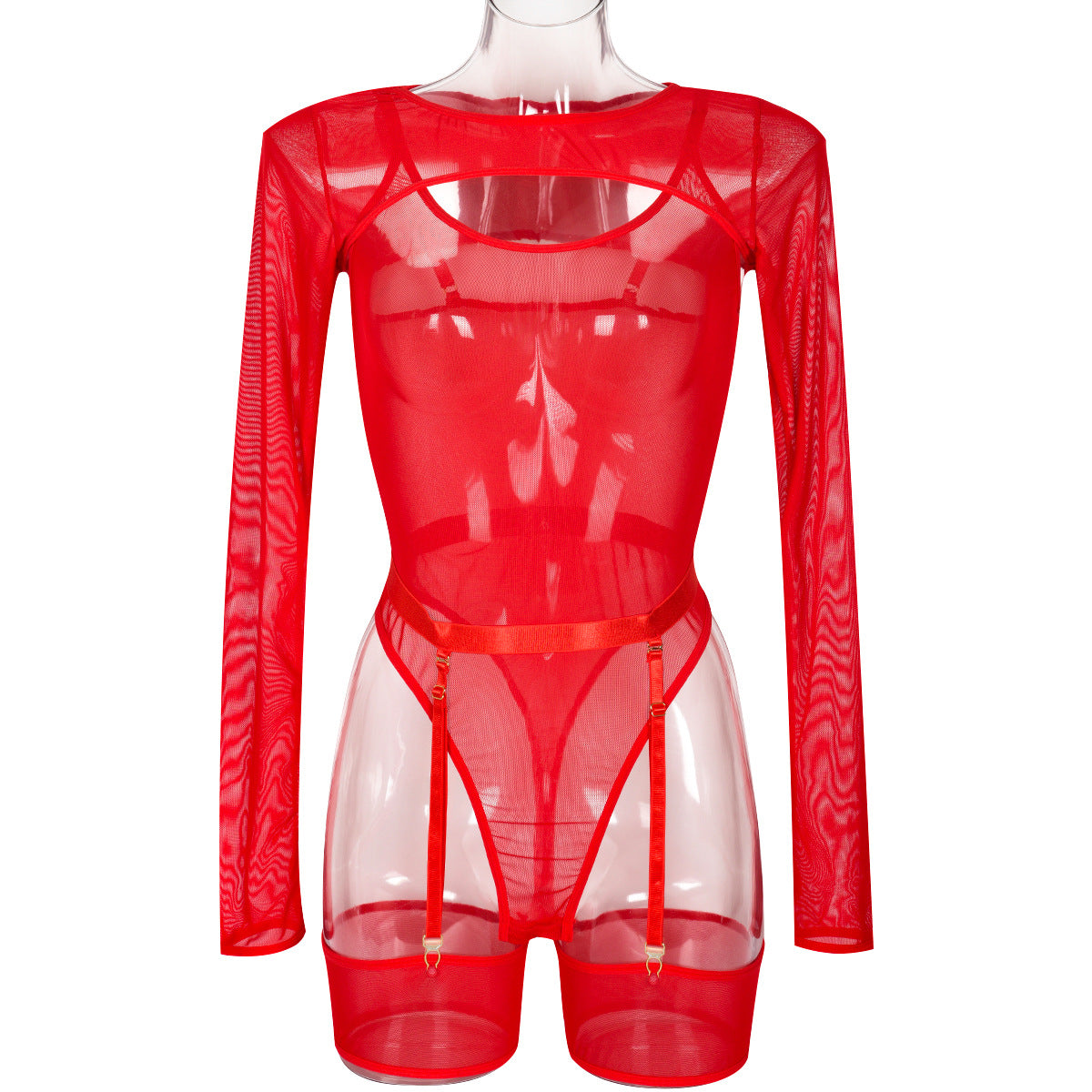 Elastic Mesh See through Contrast Color Cover Long Sleeve with Sleeveless Jumpsuit Sexy Lingerie Three Piece Set