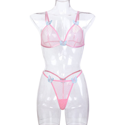 Underwear Pink Two Piece Butterfly Three Dimensional Embroidery Sexy Lingerie