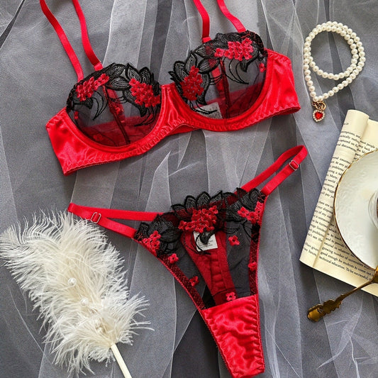 Underwear Three Point Sexy Mesh Embroidery See Through Sexy Lingerie Suit Women T Shaped Panties Temptation