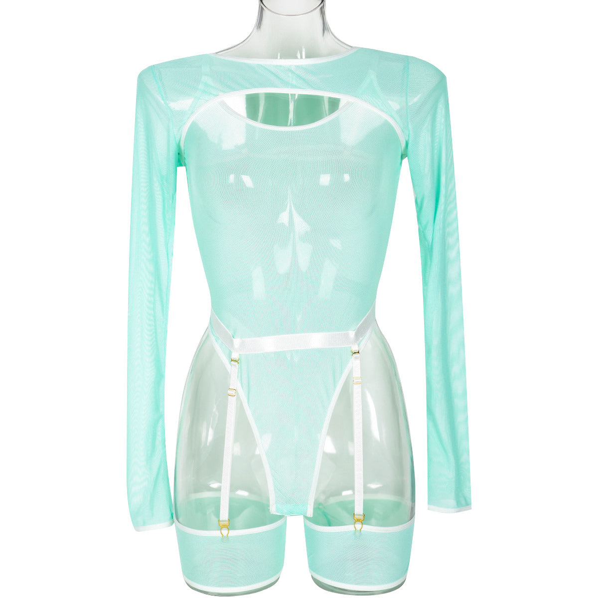 Elastic Mesh See through Contrast Color Cover Long Sleeve with Sleeveless Jumpsuit Sexy Lingerie Three Piece Set